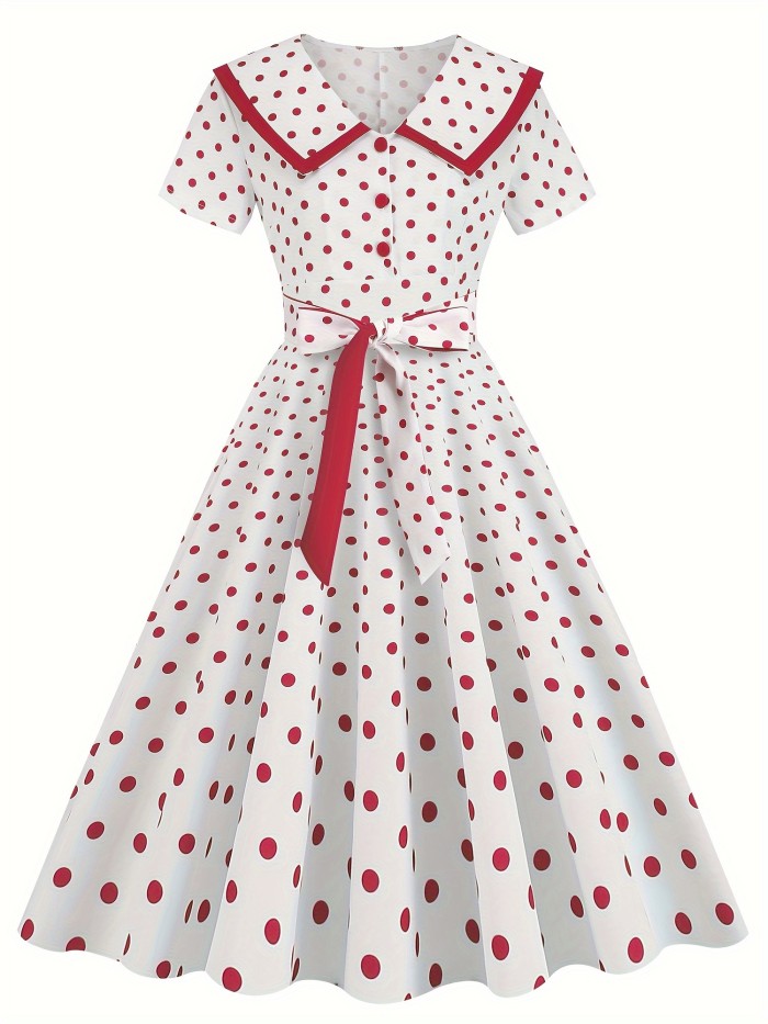 Polka-dot Print Ruffle Hem Aline Dress, Vintage Peter Pan Collar Swing Belted Dress For Spring & Summer, Women's Clothing