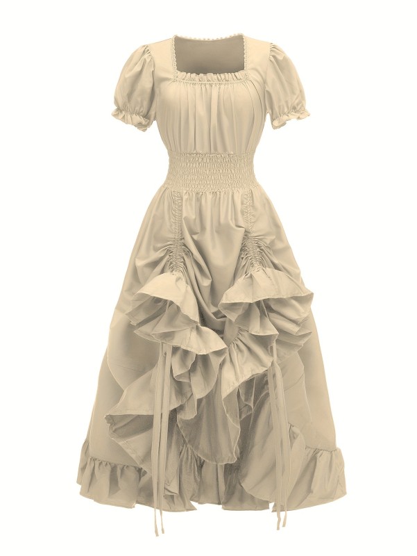 Ruffle Trim Cinched Waist Dress, Vintage Puff Sleeve Solid Color Pintuck Dress For Spring & Summer, Women's Clothing