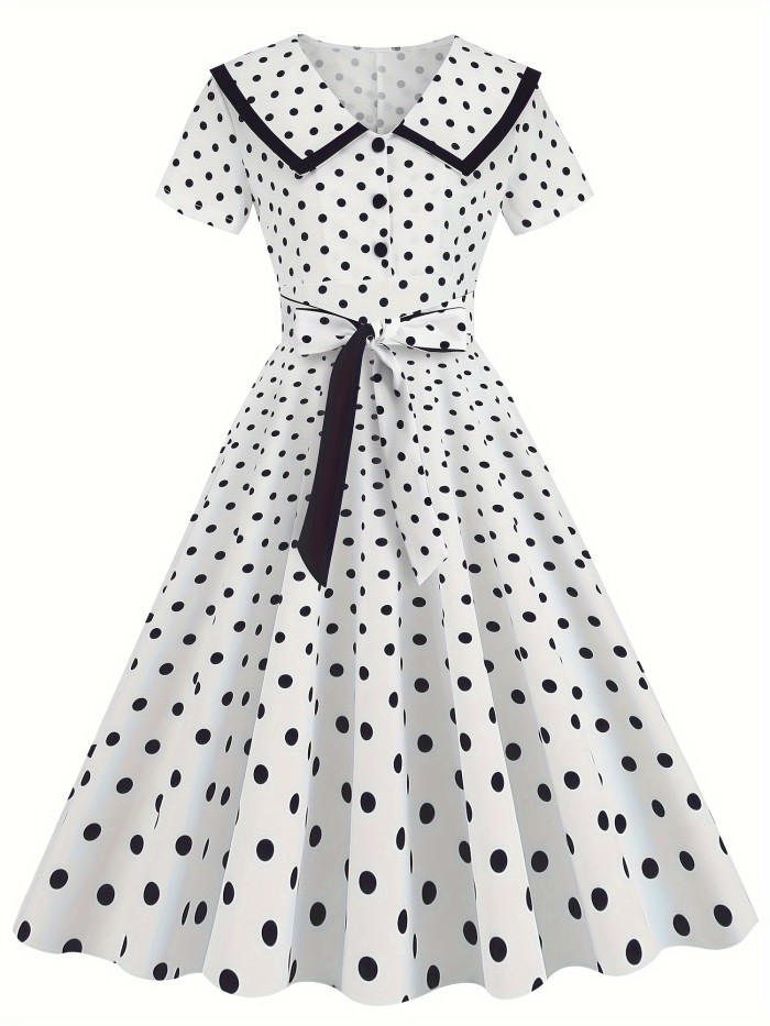 Polka-dot Print Ruffle Hem Aline Dress, Vintage Peter Pan Collar Swing Belted Dress For Spring & Summer, Women's Clothing