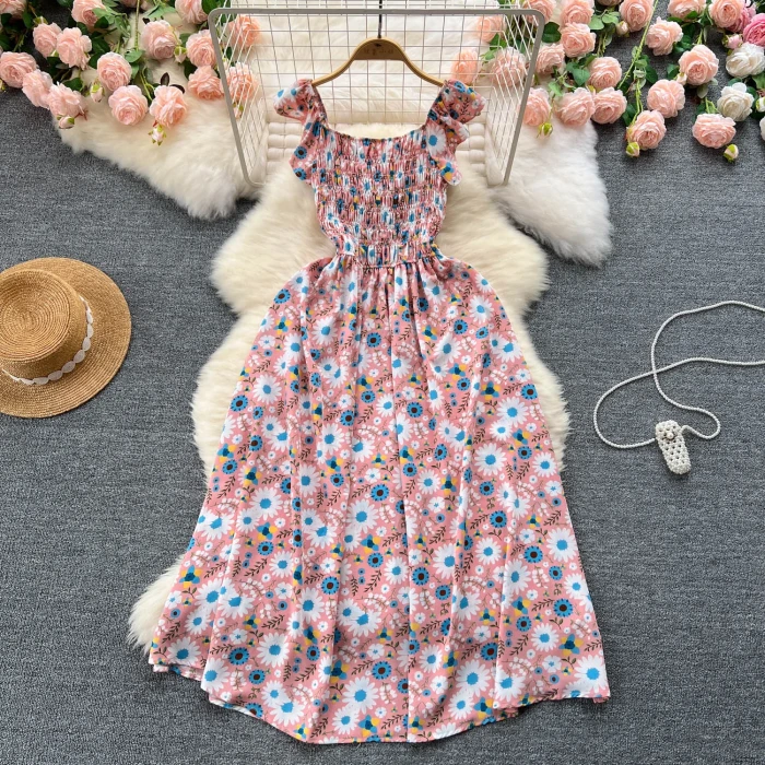 Printing Pleated Sleeveless Party Floral Streetwear Outfits  Vacation Dresses