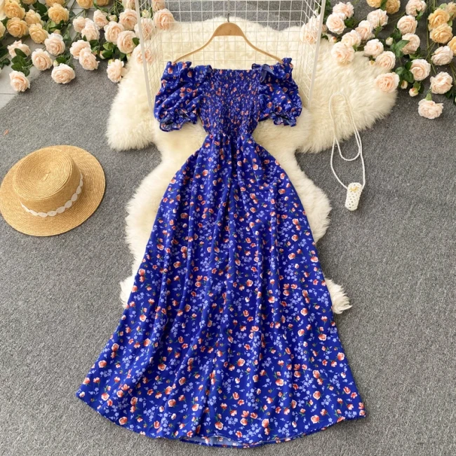 Fashion Floral Robe Print Ruffle Bohemian Sexy Casual Elegant Strapless Maxi Dresses
