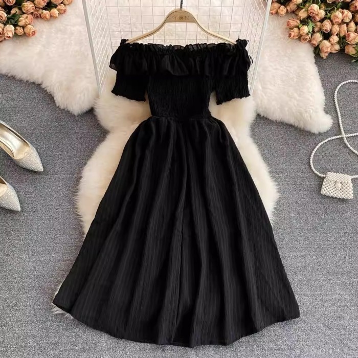 Fashion Ruffled Off Shouders Party  Short Sleeve Vacation Chiffon Beach Vacation Dresses