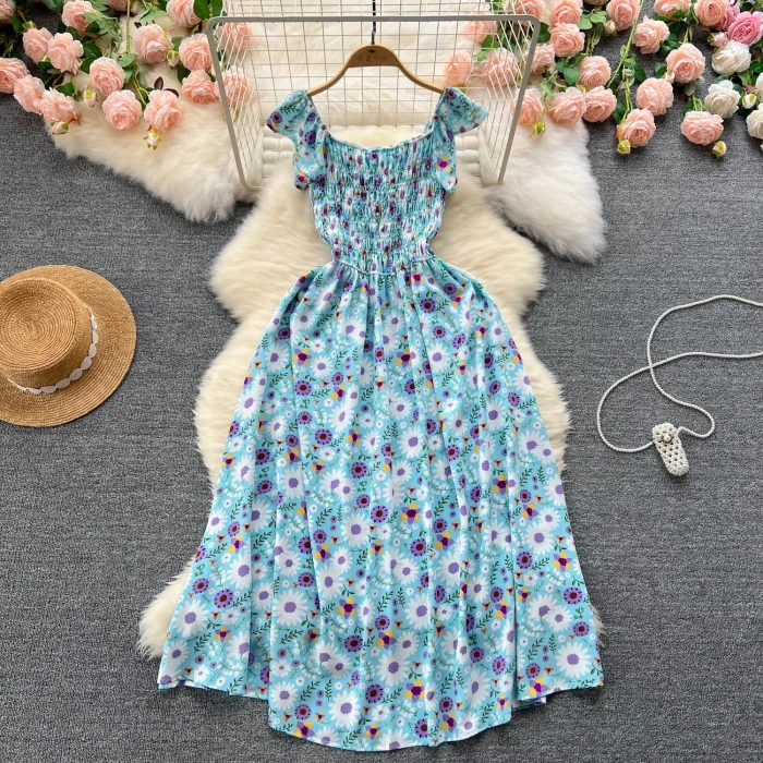 Printing Pleated Sleeveless Party Floral Streetwear Outfits  Vacation Dresses