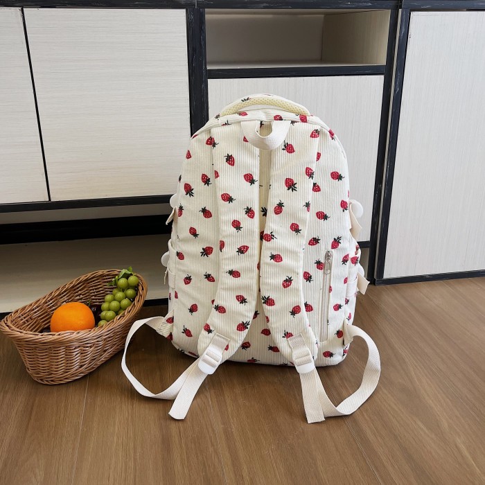 Strawberry Corduroy Fashion Backpack - Adjustable Straps, Laptop & Tablet Compartments, Bottle Holder, Zipper Closure, Random Print Design, Hand Wash Only - Perfect for School and Commuting