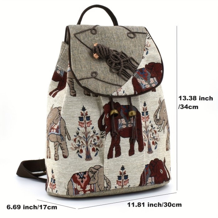 Vintage Backpacks, Elephant Pattern Bucket Bags, Anti-Theft Backpacks With Handmade Accessories