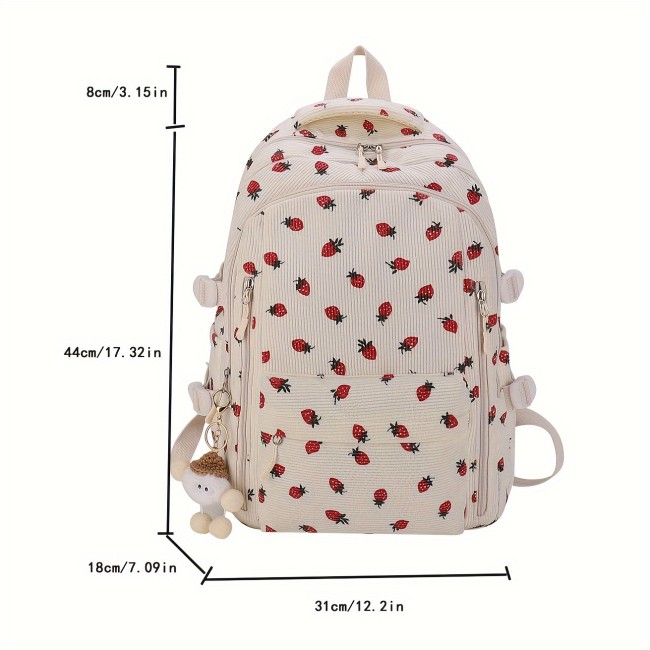 Strawberry Corduroy Fashion Backpack - Adjustable Straps, Laptop & Tablet Compartments, Bottle Holder, Zipper Closure, Random Print Design, Hand Wash Only - Perfect for School and Commuting