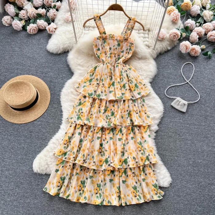 French Haute Couture Niche Sweet Waistband Cake Bow Knot First Love Floral Strap Long Dress