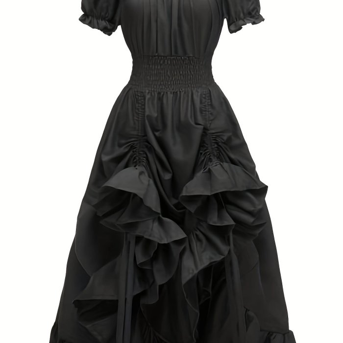 Ruffle Trim Cinched Waist Dress, Vintage Puff Sleeve Solid Color Pintuck Dress For Spring & Summer, Women's Clothing
