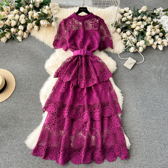 Lace With Belt Patchwork Solid Color High Waist  Sweet Style Maxi Dresses