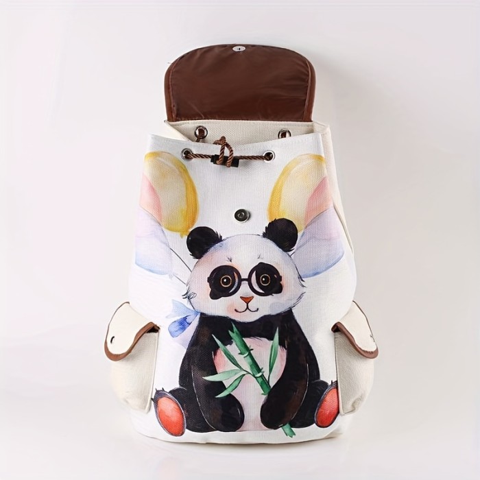 Cute Panda Flap Drawstring Casual Backpack, Portable Sport Bag With Side Pockets, Durable Backpack For Students