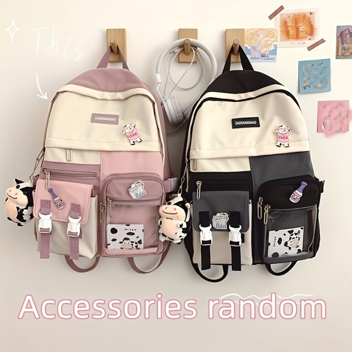 Stylish Solid Color Kawaii Backpack - Durable with Cute Pendant, Multi-Pocket & Zip Closure for School and Travel