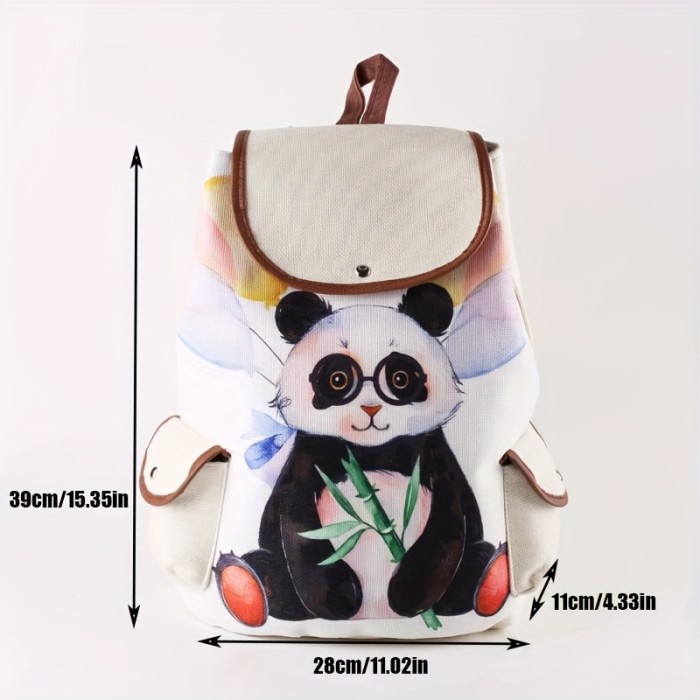 Cute Panda Flap Drawstring Casual Backpack, Portable Sport Bag With Side Pockets, Durable Backpack For Students