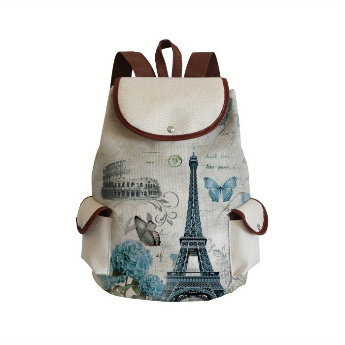 Cartoon Tower Print Drawstring Large Capacity Preppy Backpack, Durable Lightweight School Daypack, Fashion Travel Commuter Bag