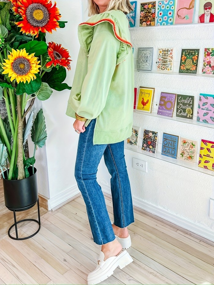 Casual Ruffle Solid Color Pullover Sweatshirt