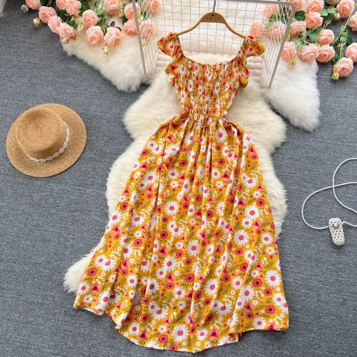 Printing Pleated Sleeveless Party Floral Streetwear Outfits  Vacation Dresses