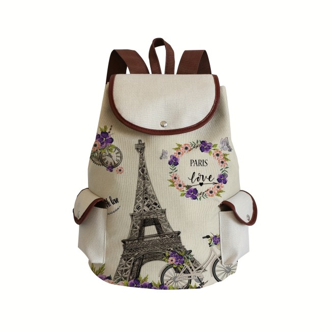 Cartoon Tower Print Drawstring Large Capacity Preppy Backpack, Durable Lightweight School Daypack, Fashion Travel Commuter Bag