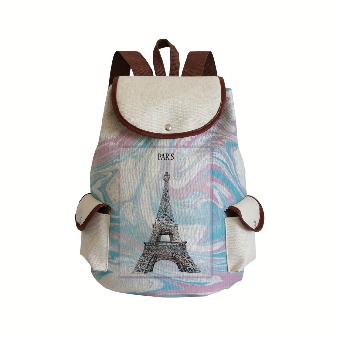 Cartoon Tower Print Drawstring Large Capacity Preppy Backpack, Durable Lightweight School Daypack, Fashion Travel Commuter Bag