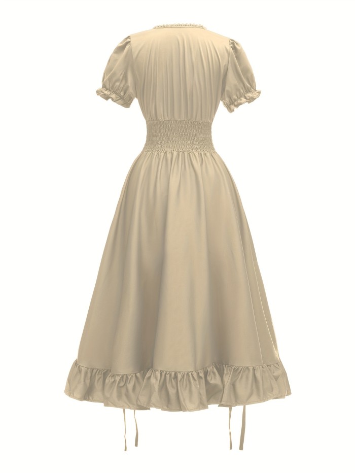 Ruffle Trim Cinched Waist Dress, Vintage Puff Sleeve Solid Color Pintuck Dress For Spring & Summer, Women's Clothing