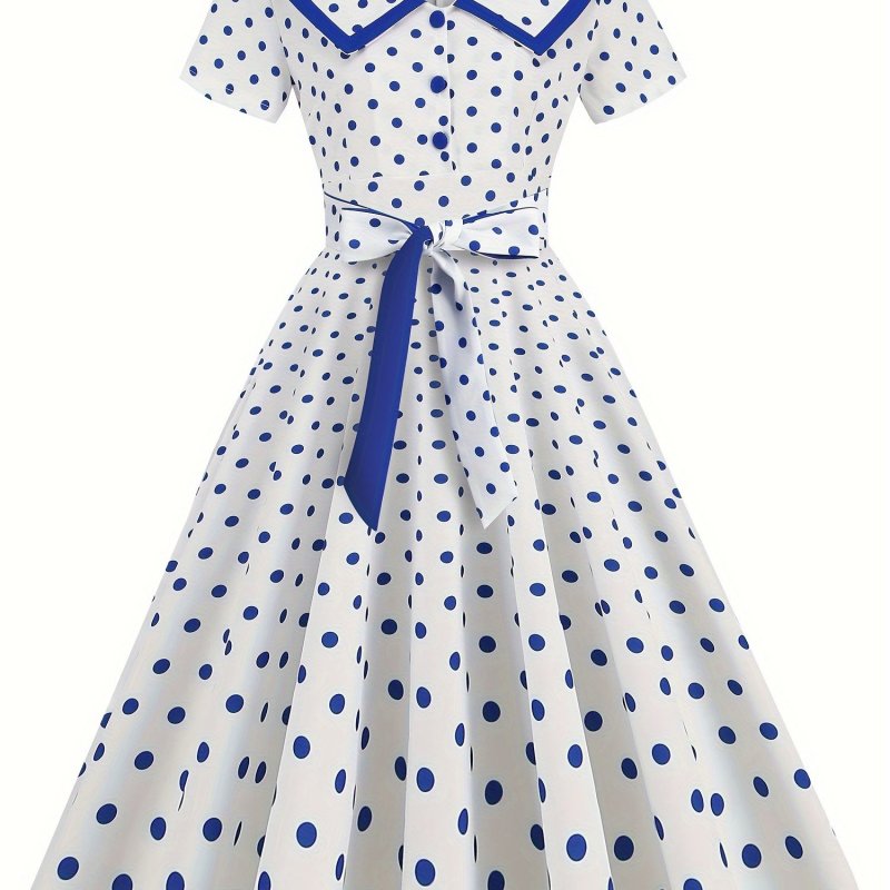 Polka-dot Print Ruffle Hem Aline Dress, Vintage Peter Pan Collar Swing Belted Dress For Spring & Summer, Women's Clothing