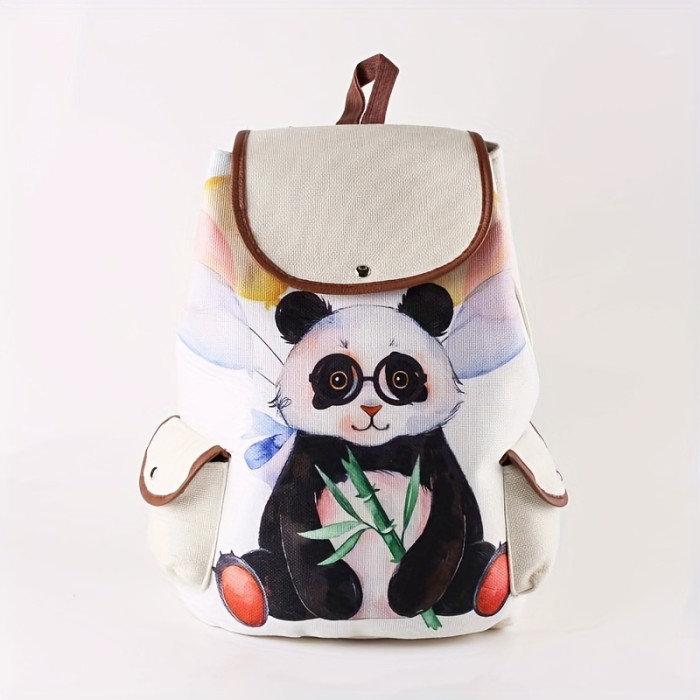 Cute Panda Flap Drawstring Casual Backpack, Portable Sport Bag With Side Pockets, Durable Backpack For Students