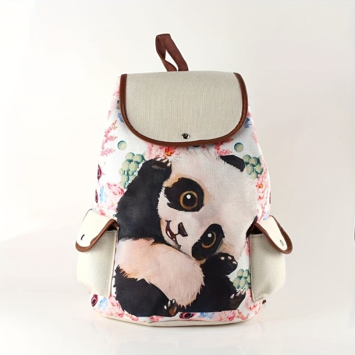 Cute Panda Flap Drawstring Casual Backpack, Portable Sport Bag With Side Pockets, Durable Backpack For Students