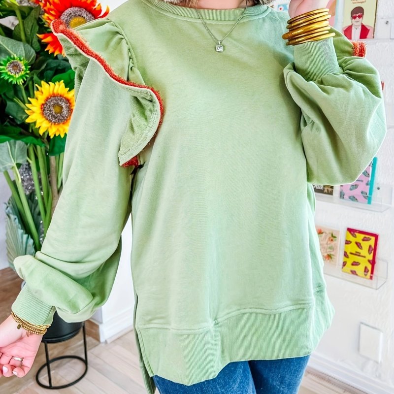Casual Ruffle Solid Color Pullover Sweatshirt