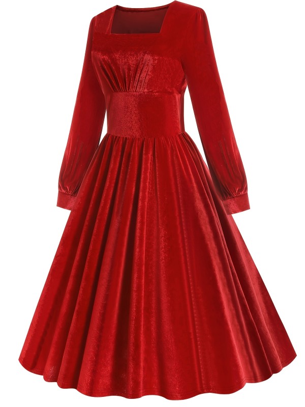 Solid Pleated Dress, Vintage Squared Neck Long Sleeve Party Dress, Women's Clothing