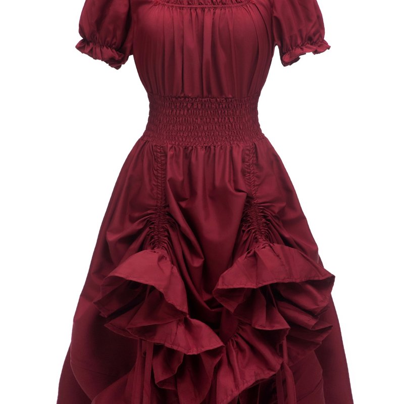 Ruffle Trim Cinched Waist Dress, Vintage Puff Sleeve Solid Color Pintuck Dress For Spring & Summer, Women's Clothing