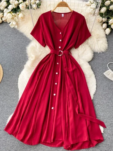 Vintage V-Neck Single Breasted Elegant Short Sleeve High Waist A-Line Slim  Midi Dresses