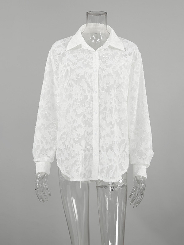 Long Sleeves Loose Jacquard See-Through Split-Joint Lapel Blouses&Shirts Tops