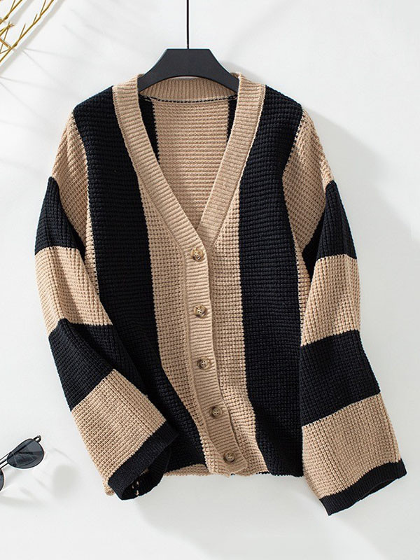 Flared Sleeves Long Sleeves Buttoned Contrast Color Striped V-Neck Cardigan Tops