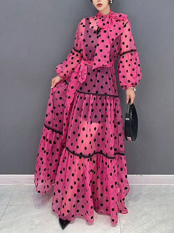 Long Sleeves Loose Elasticity Polka-Dot See-Through Split-Joint Tied Mock Neck Maxi Dresses