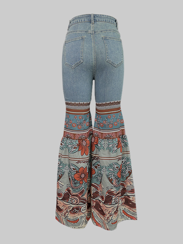 Flared Pants Floral Printed High-Waisted Pockets Jean Pants Bottoms