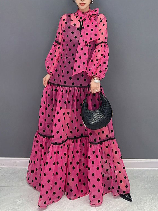 Long Sleeves Loose Elasticity Polka-Dot See-Through Split-Joint Tied Mock Neck Maxi Dresses
