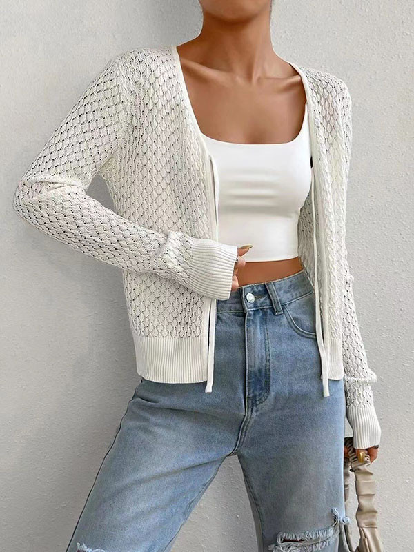 Long Sleeves Loose Solid Color Tied V-Neck Cardigan Tops