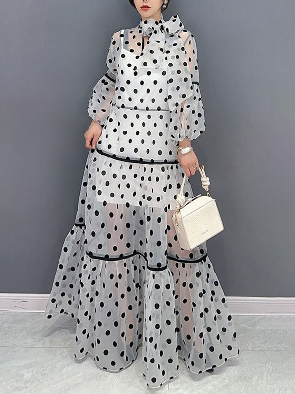 Long Sleeves Loose Elasticity Polka-Dot See-Through Split-Joint Tied Mock Neck Maxi Dresses