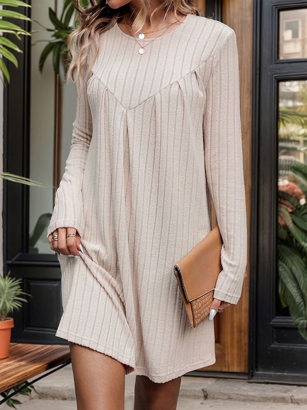 Long Sleeves Loose Buttoned Hollow Pleated Solid Color Split-Joint Round-Neck Mini Dresses