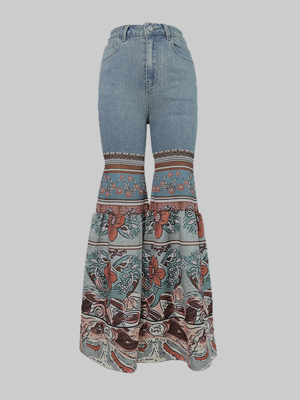 Flared Pants Floral Printed High-Waisted Pockets Jean Pants Bottoms