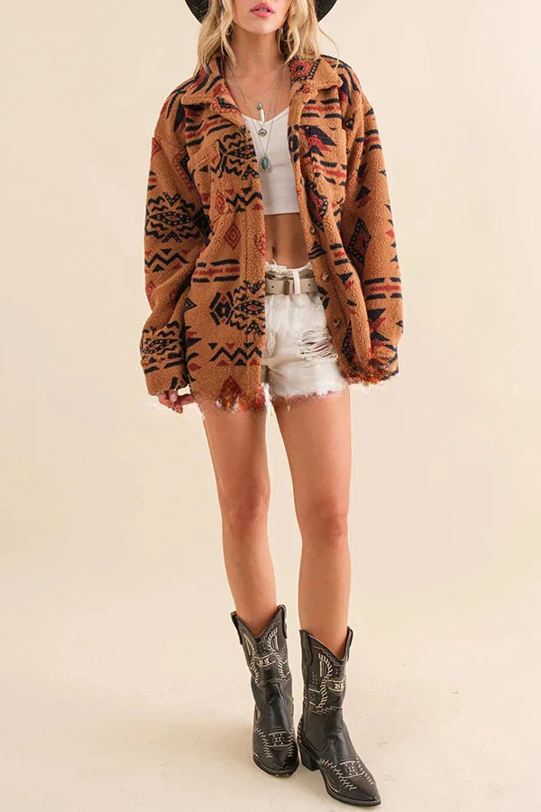 Maeve Aztec Button Down Lapel Pocket Long Sleeve Coat