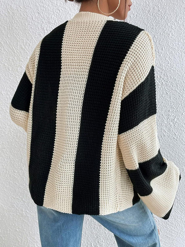 Flared Sleeves Long Sleeves Buttoned Contrast Color Striped V-Neck Cardigan Tops