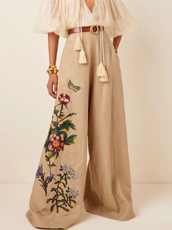 High Waisted Loose Belted Flower Print Pockets Pants Trousers