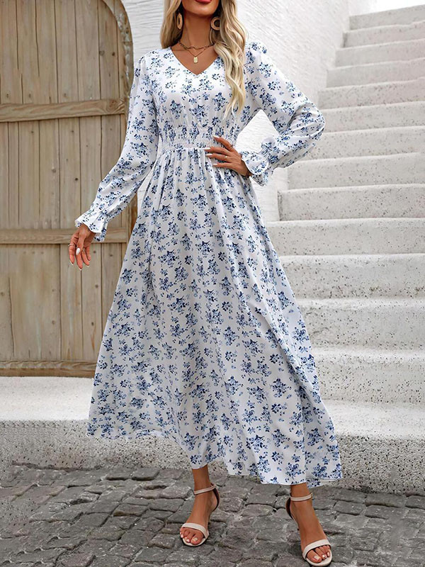 Long Sleeves Loose Elasticity Floral Printed V-Neck Maxi Dresses