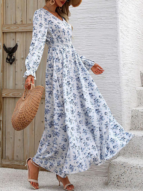 Long Sleeves Loose Elasticity Floral Printed V-Neck Maxi Dresses