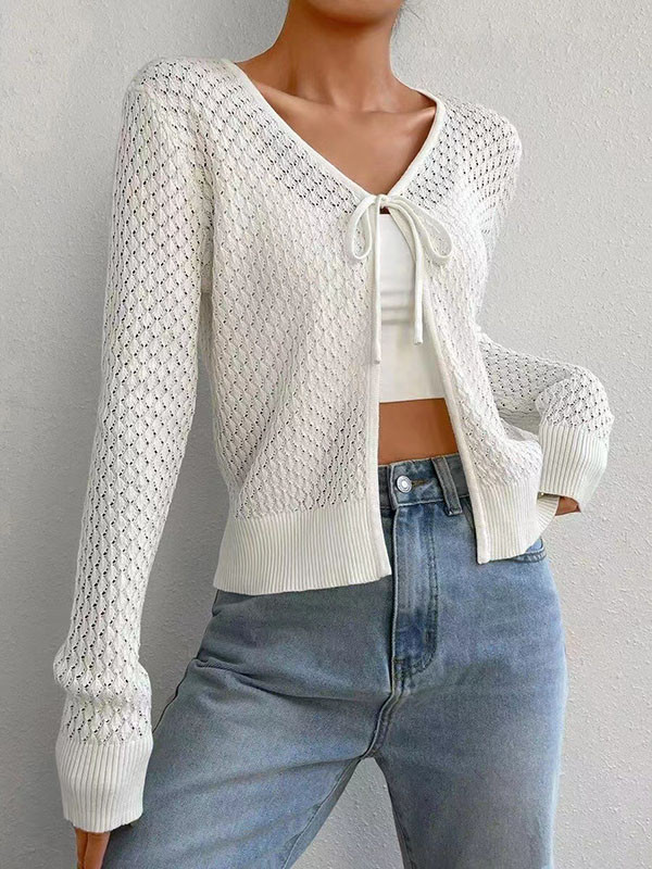 Long Sleeves Loose Solid Color Tied V-Neck Cardigan Tops