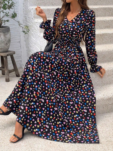 Loose Puff Sleeves Elasticity Floral Printed Split-Joint V-Neck Maxi Dresses