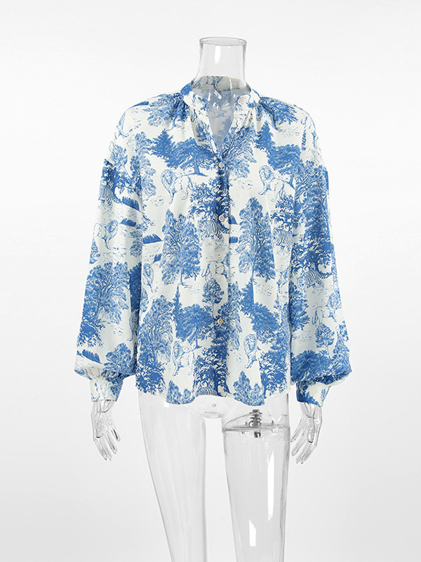 Loose Puff Sleeves Floral Printed Pleated Split-Joint Stand Collar Blouses&Shirts Tops