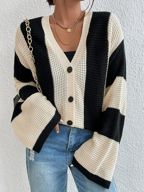 Flared Sleeves Long Sleeves Buttoned Contrast Color Striped V-Neck Cardigan Tops