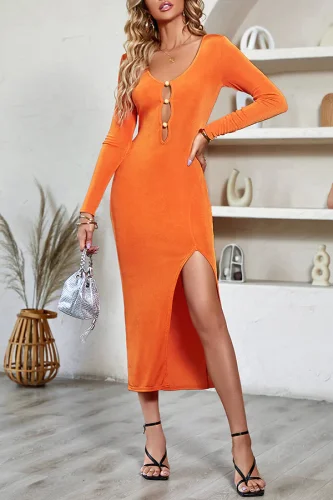 Casual V Neck Cutout Button Down Long Sleeve Slit Midi Dress