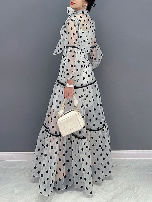 Long Sleeves Loose Elasticity Polka-Dot See-Through Split-Joint Tied Mock Neck Maxi Dresses