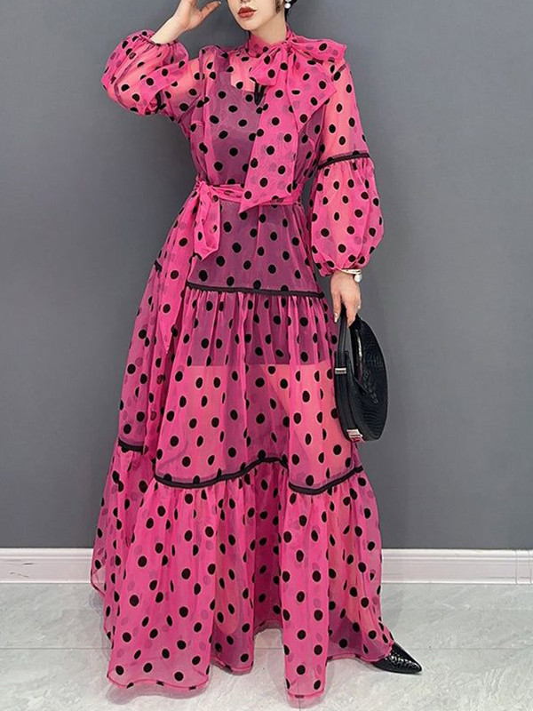 Long Sleeves Loose Elasticity Polka-Dot See-Through Split-Joint Tied Mock Neck Maxi Dresses